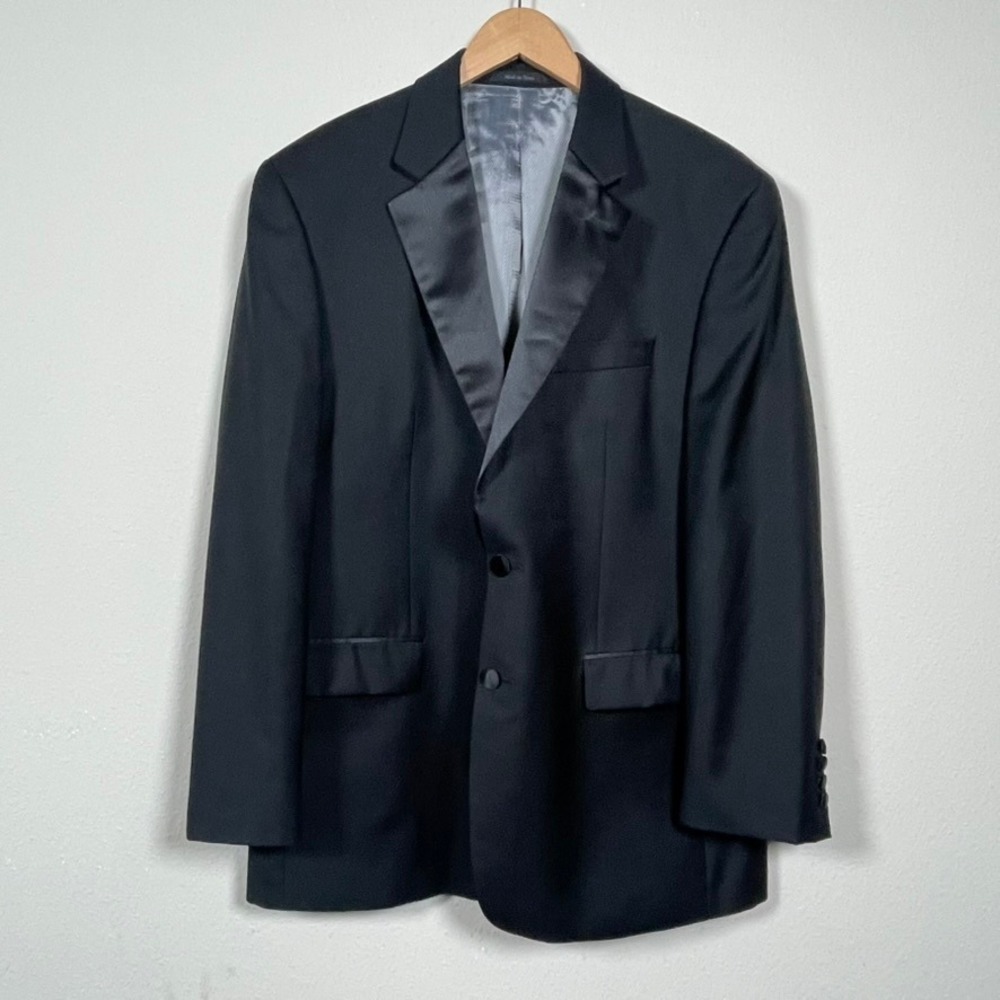Calvin Klein Tuxedo Jacket Mens 42R Black 100% Wool Satin Peak Lapel Blazer